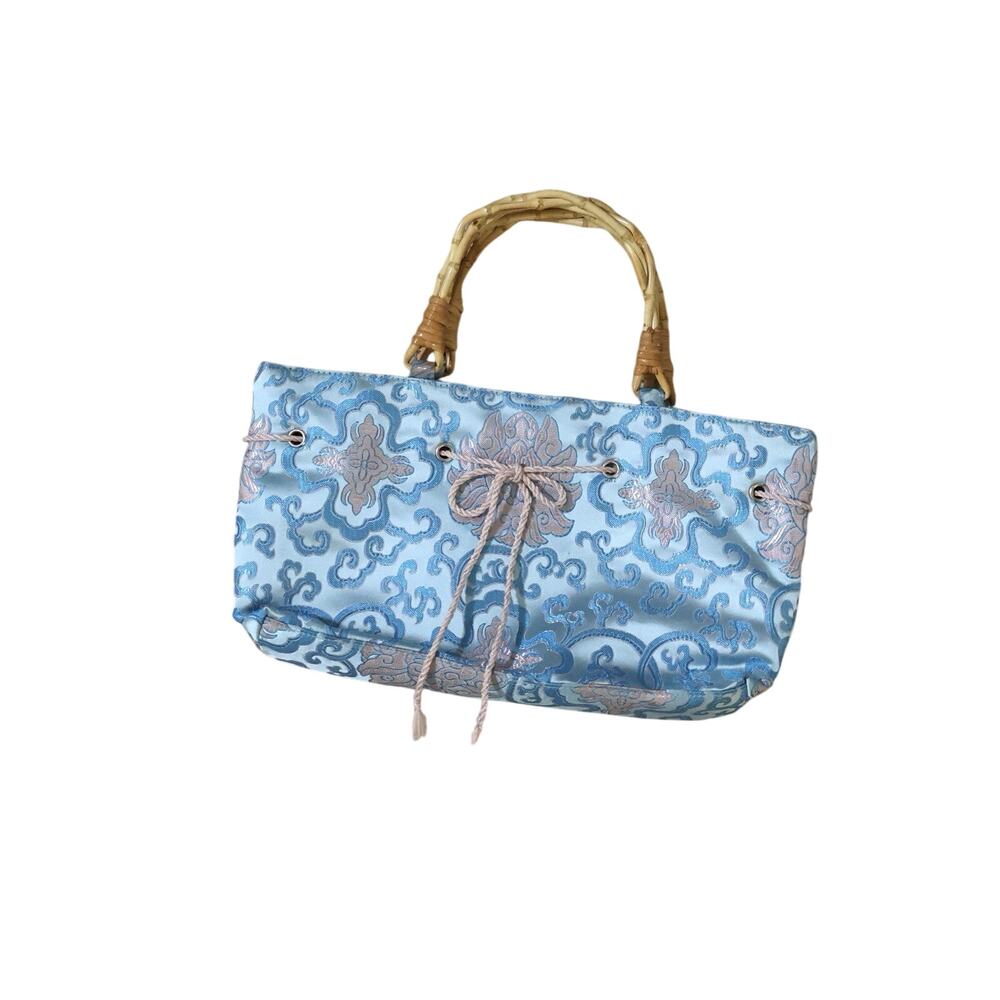 Vintage Fiona Lang Blue Pink Embroidered Satin Wood Handle Purse Bag y2k